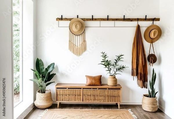 Obraz A wooden coat rack with a hat hanging on it.