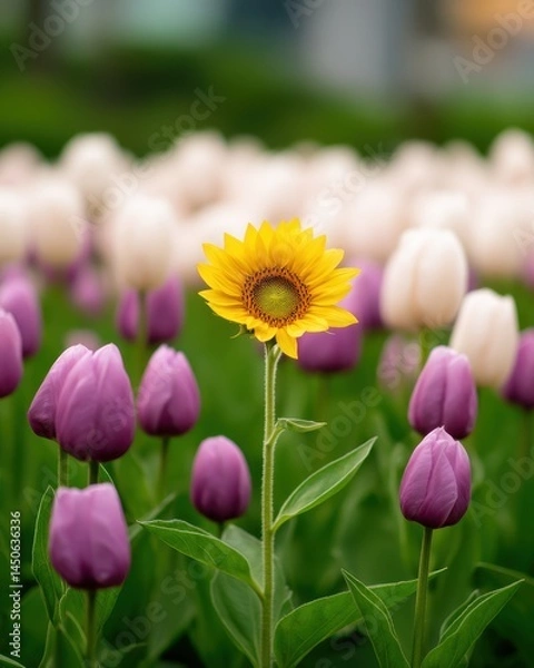 Fototapeta Outliers Differences concept. A single yellow sunflower stands out among a field of purple and white tulips in a vibrant garden.