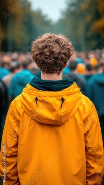 Fototapeta Outliers Differences concept. A person in a yellow jacket stands out from a crowd, viewed from behind, in an outdoor setting with blurred people and trees ahead.