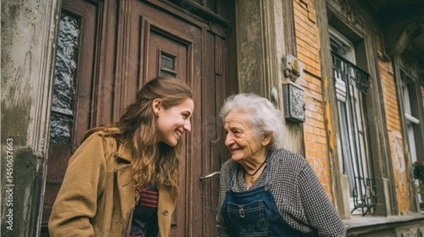 Obraz Two women interacting cordially outside a historical structure.