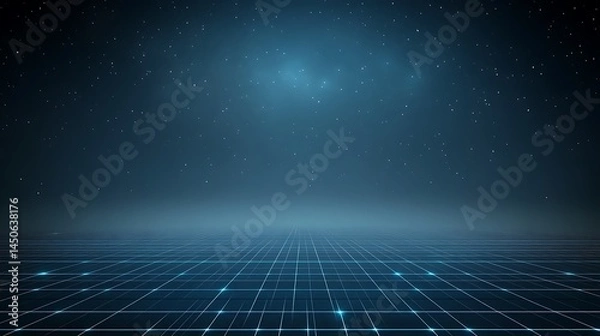 Fototapeta Abstract digital landscape with glowing blue lines forming a grid pattern on a dark background. Small white particles float in the dark upper atmosphere. The overall mood is futuristic and