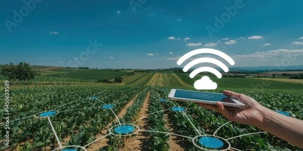 Fototapeta Wireless network connecting a farm field.