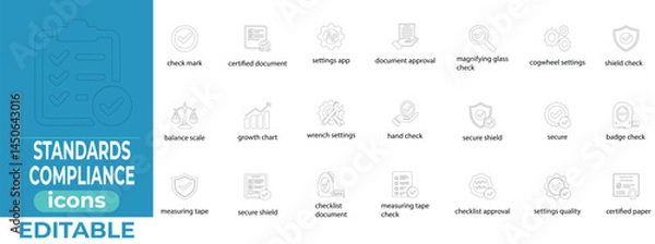 Fototapeta Premium editable standards compliance liner vector icons for certifications, safety, and quality, with clean minimalist design