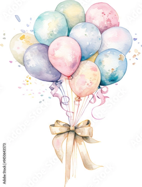 Fototapeta Isolated birthday balloon bouquet as watercolor illustration on transparent background