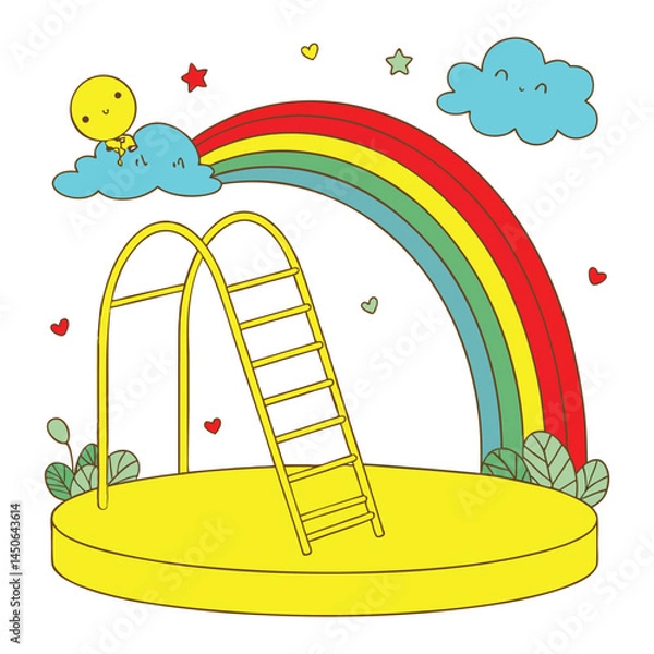 Fototapeta Empty yellow podium, rainbow, clouds, art and illustrator isolated on white background
