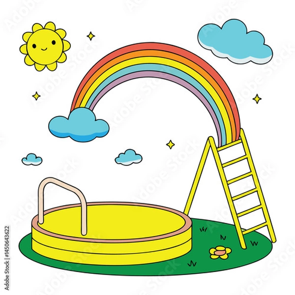 Fototapeta Empty yellow podium, rainbow, clouds, art and illustrator isolated on white background