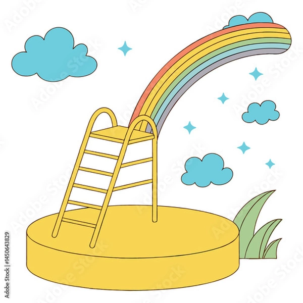 Fototapeta Empty yellow podium, rainbow, clouds, art and illustrator isolated on white background