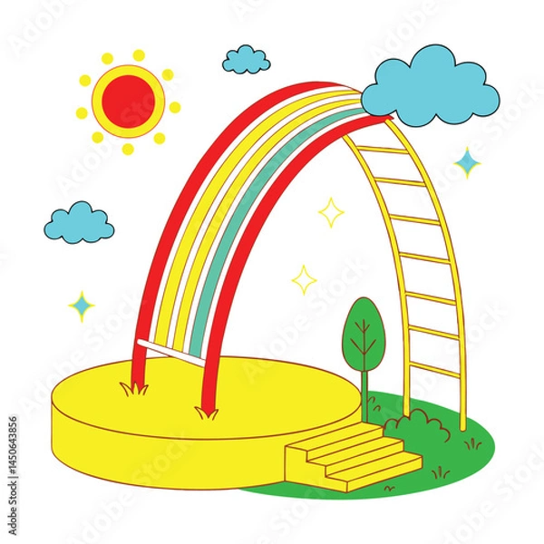 Fototapeta Empty yellow podium, rainbow, clouds, art and illustrator isolated on white background