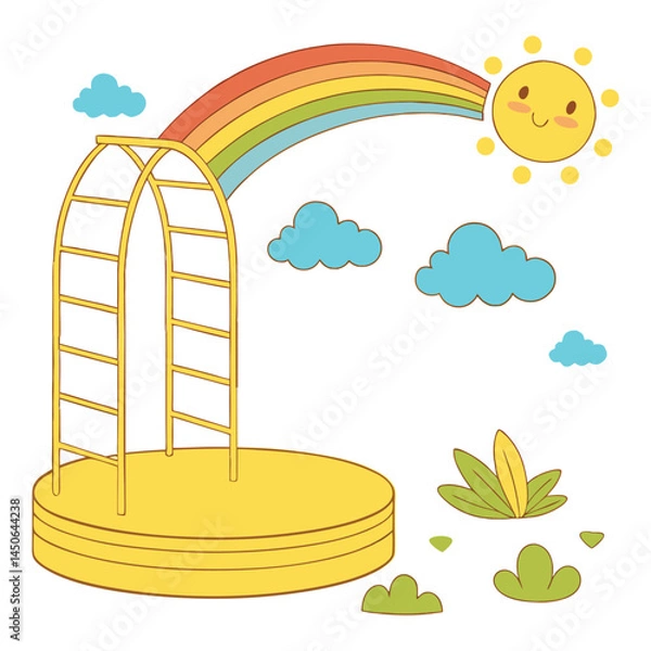 Fototapeta Empty yellow podium, rainbow, clouds, art and illustrator isolated on white background