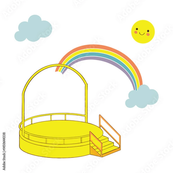 Fototapeta Empty yellow podium, rainbow, clouds, art and illustrator isolated on white background