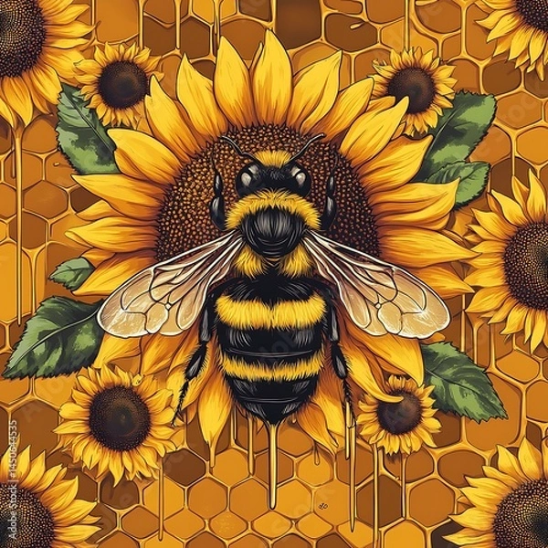 Fototapeta Close up view of a bumblebee centered on a vibrant sunflower, surrounded by other sunflowers and a honeycomb background with dripping honey. The image uses a detailed, almost pixel art like style