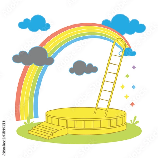 Fototapeta Empty yellow podium, rainbow, clouds, art and illustrator isolated on white background
