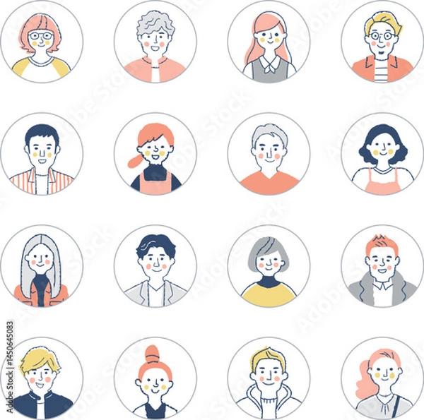 Fototapeta さまざまな若い男女　顔　アイコンセット　