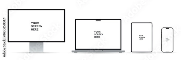 Obraz Realistic set of monitor, laptop, tablet, and smartphone. Modern digital devices collection. Vector illustration isolated on white background.
