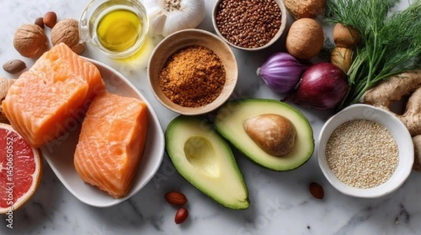 Fototapeta A beautiful arrangement of anti-inflammatory foods is displayed on a marble countertop. Salmon fillets, avocados, citrus fruits, nuts, and various spices showcase their vibrant colors and textures
