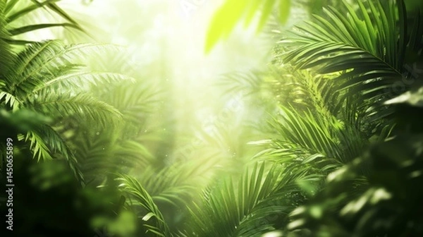 Fototapeta A blurry, green jungle scene with sunlight shining through leaves. It creates a calm and peaceful feeling, perfect for a background image.

