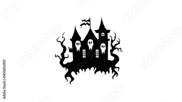 Fototapeta Black and white illustration of a haunted house nestled amongst skeletal trees, featuring three ghostly figures near the building. The image is simple, with stark contrast between the black