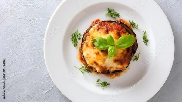 Obraz Delicious eggplant parmesan served beautifully on a white plate, ready for enjoyment.