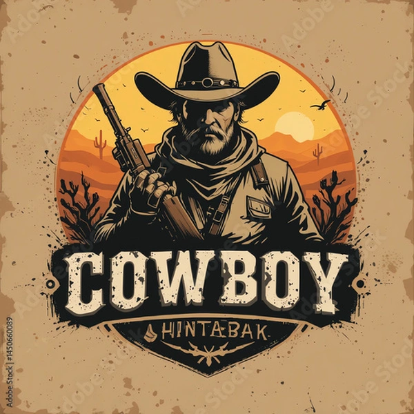 Fototapeta A bold cowboy stands confidently with a rifle, silhouetted against a sunset backdrop, showcasing the rugged spirit of the Wild West.