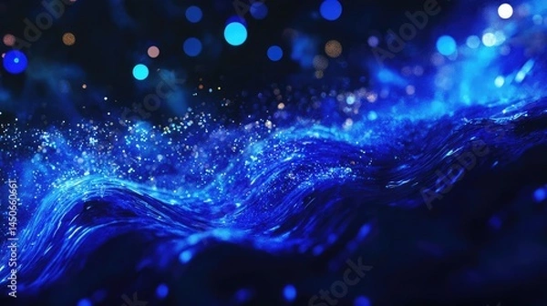 Fototapeta Abstract Blue Flowing Energy Wave, Swirling Particles, Vivid Colors, Elegant Design Background ,Abstract blue glowing particles wave