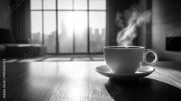 Fototapeta A steaming cup of coffee sits on a wooden table near a window overlooking a city skyline