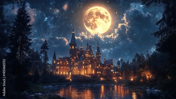 Fototapeta A castle illuminated under a full moon surrounded by trees and reflected in the water at night