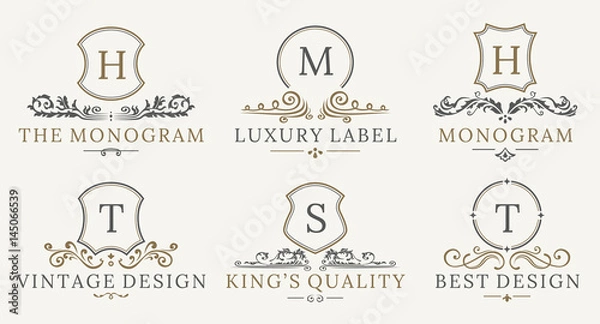 Fototapeta Retro Royal Vintage Shields Logotype set. Vector calligraphyc Luxury logo design elements. Business signs, logos, identity, spa, hotels, badges