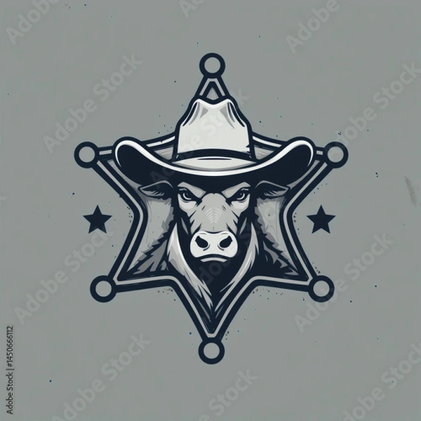 Fototapeta A stylish illustration of a cow wearing a cowboy hat within a sheriff's badge, combining humor and rural culture in a unique design.