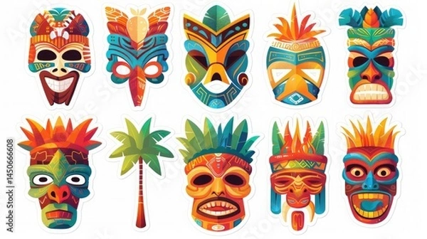 Fototapeta Set of stickers with cartoon colored tiki masks on a white background. Summer sticker pack