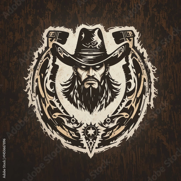 Fototapeta A vintage-inspired illustration featuring a rugged cowboy with a detailed beard, wearing a classic hat. Perfect for expressing the spirit of the Wild West.