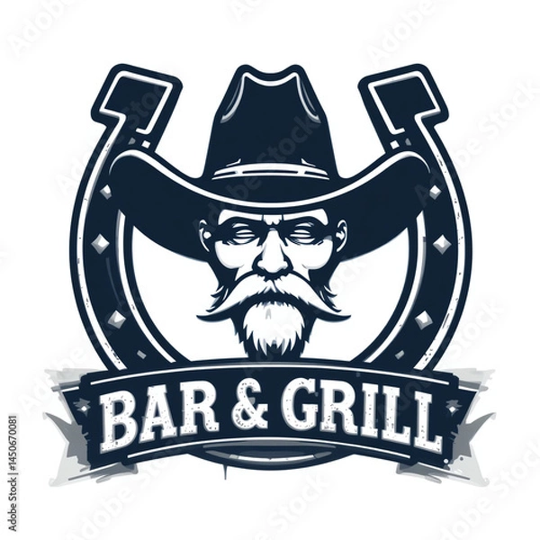Fototapeta A vintage-style logo for a bar and grill featuring a rugged cowboy with a mustache, a horseshoe, and bold typography highlighting 'Bar & Grill'.
