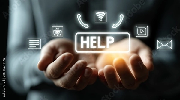Fototapeta A person reaches out with hands, showcasing a glowing HELP icon amidst communication symbols.