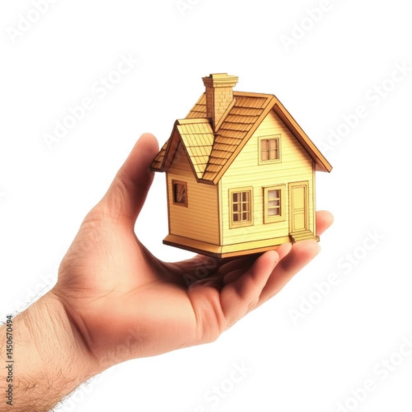 Fototapeta Hand holding a detailed miniature model of a classic two story house with chimney and dormer , symbolizing real estate or homeownership concepts
