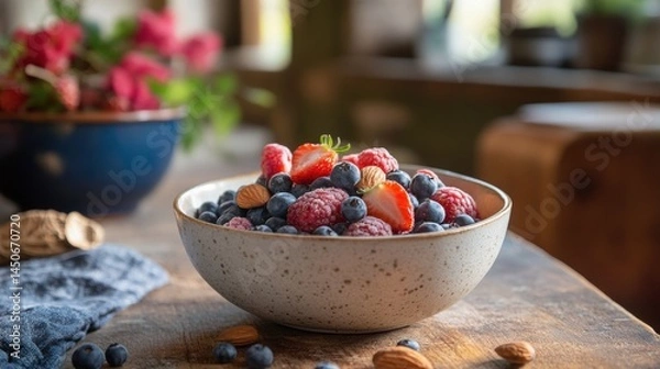 Fototapeta A rustic bowl brimming with fresh mixed berries and almonds.