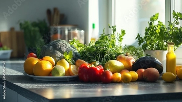 Fototapeta A vibrant display of fresh produce on a kitchen counter.