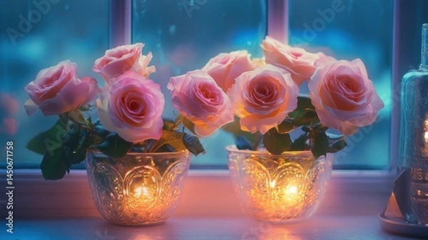Fototapeta Pink roses in glass vases, illuminated by candlelight, by a window.