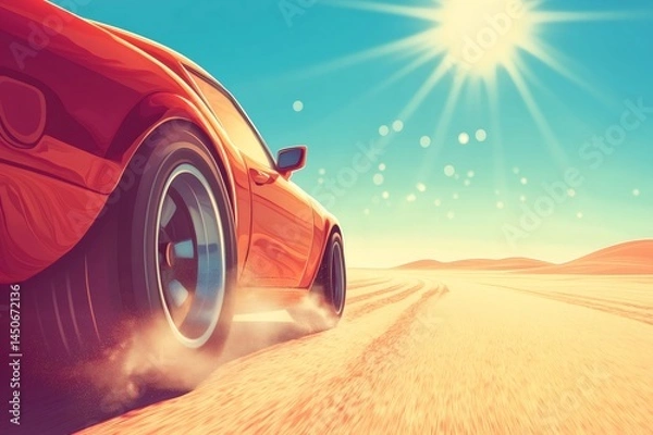 Fototapeta Red sports car speeding through a desert landscape on a hot summer day, leaving a trail of dust behind