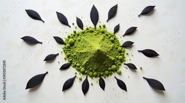 Obraz High-contrast illustration of vibrant matcha powder and dark tea leaves on a light gray, concrete-like surface. Minimalist design, strong lighting, green, black, gray colors.
