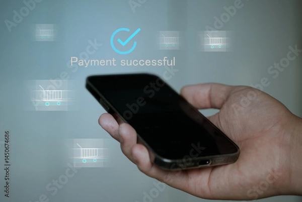 Obraz Mobile Payment Success Notification with Hand Holding Smartphone and Blue Checkmark Icon in Virtual Interface.