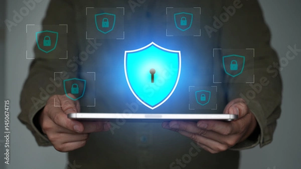 Obraz Cybersecurity Protection with Glowing Shield Icon on Tablet Held by Businessperson.