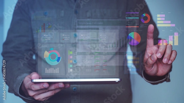Obraz Futuristic Data Analytics Dashboard Interface with Hand Gestures and Transparent Tablet