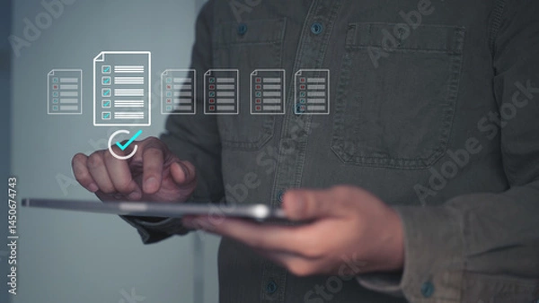 Fototapeta Digital Document Transfer and File Synchronization via Tablet with Floating Icons.