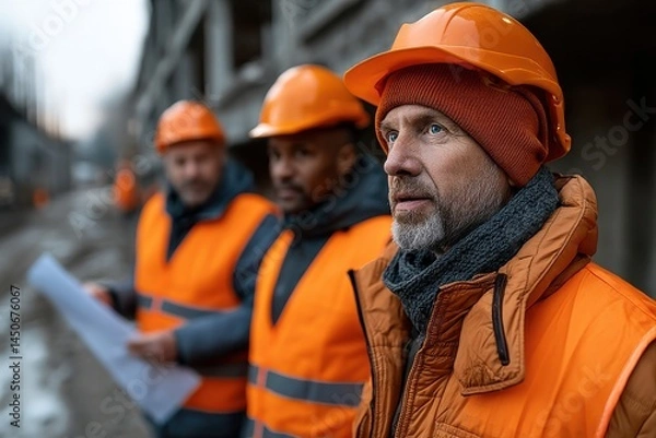 Fototapeta Construction Team in Orange Safety Vests and Helmets Holding Site Meeting – Project Coordination from Above