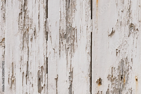 Obraz Detailed texture of aged wooden boards with flaking white paint. Use in digital backgrounds, video production, or antique-style product packaging.