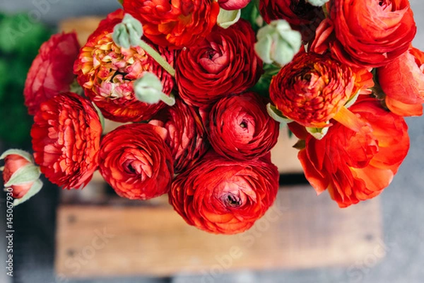 Obraz Bouquet of red ranunculus flowers on a rustic background. Close up