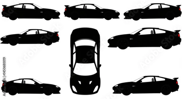 Fototapeta Sports car silhouette on white background. Vehicle icons set view from side, front, back, and top