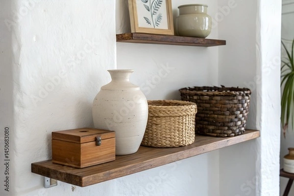 Fototapeta Small shelf with 3–4 decorative neutral objects on white wall