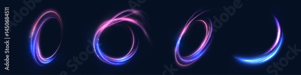 Fototapeta Set of glowing pink and blue neon rings and arcs with smooth light trails on dark background. Applied in motion graphics, UI highlights, and abstract digital compositions.

