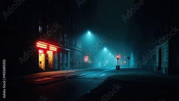 Fototapeta Foggy city street at night, illuminated by neon lights.  Buildings line the street, shrouded in mist.  Streetlights cast a bluish-green glow.  A quiet, eerie atmosphere