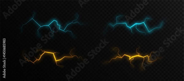 Fototapeta Set of glowing lightning bolts in blue and yellow with jagged edges and electric flare on transparent background. 